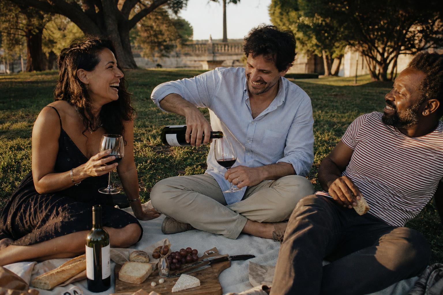 Friends pouring wine on a picnic blanket at golden hour